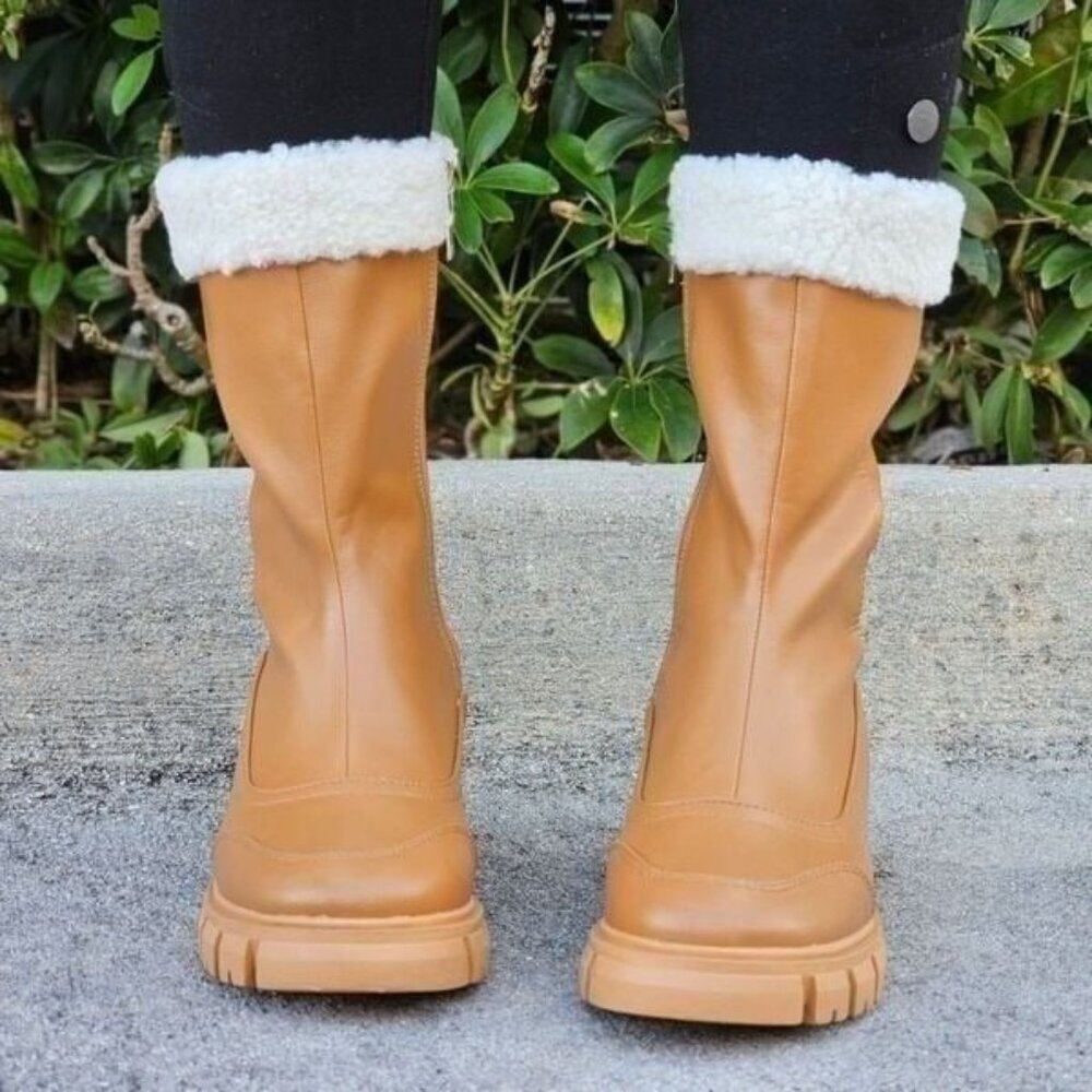 Women’s Tan Sherpa Faux Fur Ankle Booties Pull On with Side Zipper - Picture 4 of 5